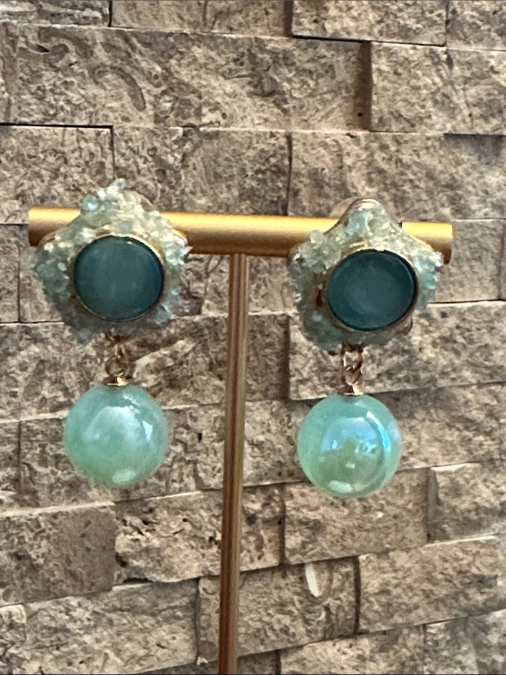 Fashion Jewelry Mint and Teal Drop Earrings with Gold Accents